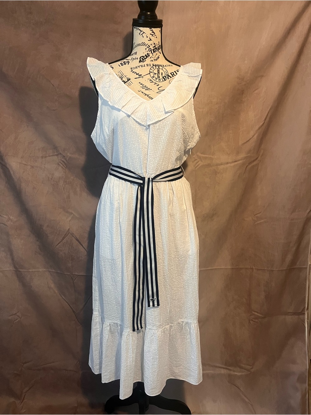 Vineyard vine White Ruffle V-Neck Maxi Dress with Striped Waist Tie